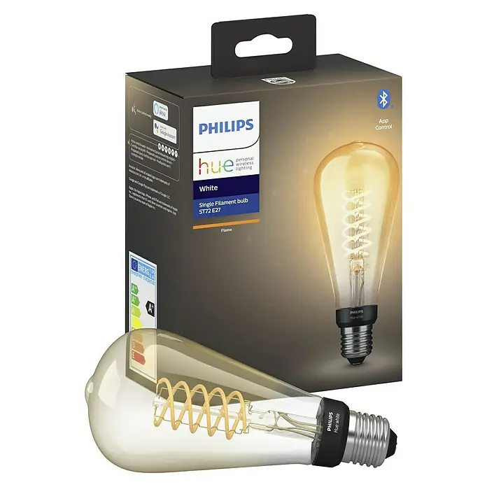 Philips Hue Bombilla LED inteligente Filamento Edison - E27, Intensidad regulable, Blanco cálido, 550 lm, 7 W, Denominación de la lámpara: ST72 - Bombilla Philips Hue White Filament. La bombilla inteligente con diseño vintage para una iluminación acogedora. Fácil control mediante app y control por voz.