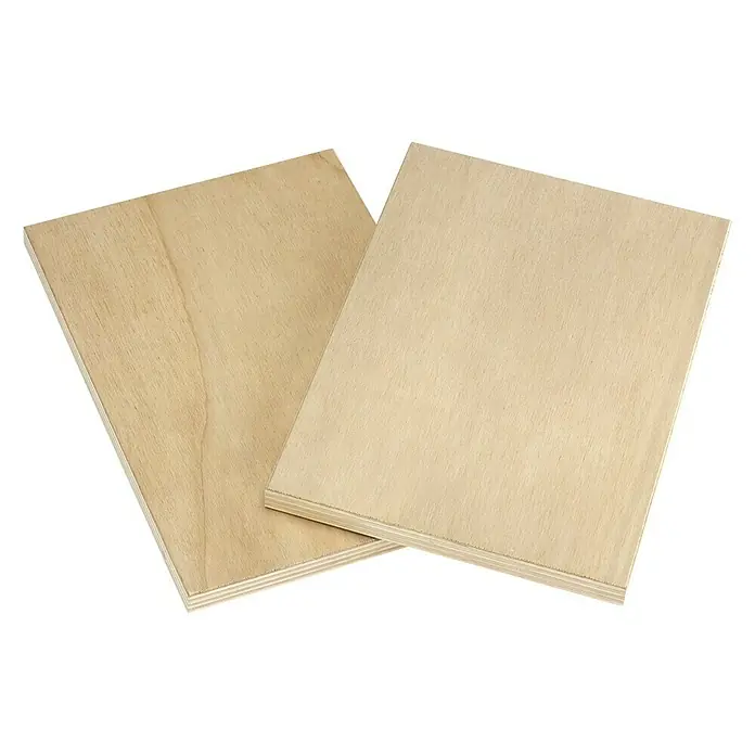 Garnica Duraply Allwetter-Sperrholzplatte Fixmaß - Pappel, 2.500 x 1.220 x 18 mm - Zwei helle, rechteckige Holzplatten mit sichtbarer Maserung auf schwarzem Hintergrund.