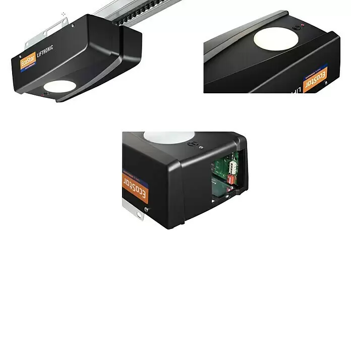 Hörmann EcoStar Mecanismo de puerta de garaje Liftronic 700 II - Superficie de puerta: 0 m² - 11,25 m², Fuerza de tracción: 700 N - Abridor de puerta de garaje EcoStar LIFTRONIC negro con luz integrada, conectado a un sistema de riel. Electrónica visible.