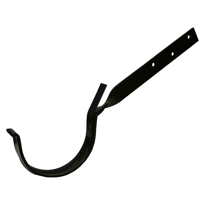 Marley Dachrinnenhalter - Nennweite: 125 mm, Stahl, Braun - Eine schwarze Dachrinnenhalterung aus Metall, die zur Befestigung von Dachrinnen an Gebäuden verwendet wird. Sie ist robust und langlebig.