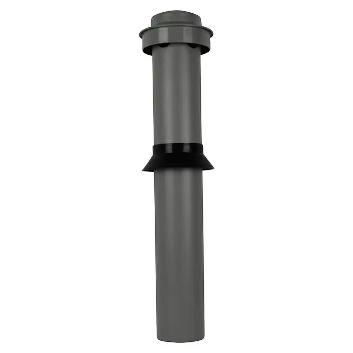Marley HT-Rohr HTDH - Ø x L: 75 x 740 mm - Detailaufnahme eines grauen Entlüftungsrohrs mit schwarzer Manschette und einem belüfteten Aufsatz. Das Rohr ist auf einem schwarzen Hintergrund platziert.