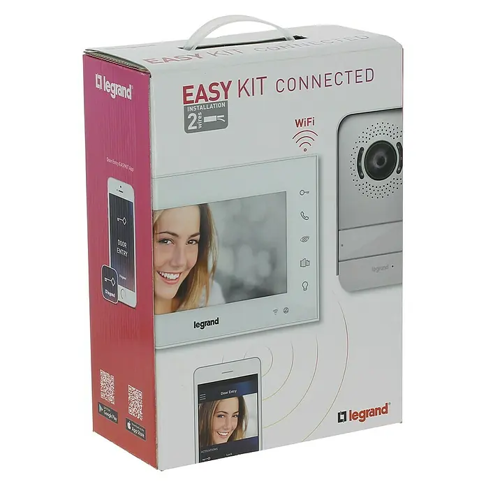 Legrand Videoportero en color Easy kit connected - Blanco, Casa unifamiliar, Tipo de pantalla: Pantalla LCD - Embalaje del producto para un Legrand Easy Kit Connected, un sistema de entrada de puerta conectado con fácil instalación de 2 hilos y conectividad WiFi.