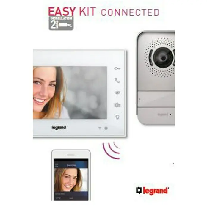 Legrand Videoportero en color Easy kit connected - Blanco, Casa unifamiliar, Tipo de pantalla: Pantalla LCD - Imagen de un kit de videoportero automático Legrand Easy Kit Connected, compuesto por un monitor, estación exterior y app para smartphone, para una comunicación doméstica sencilla.