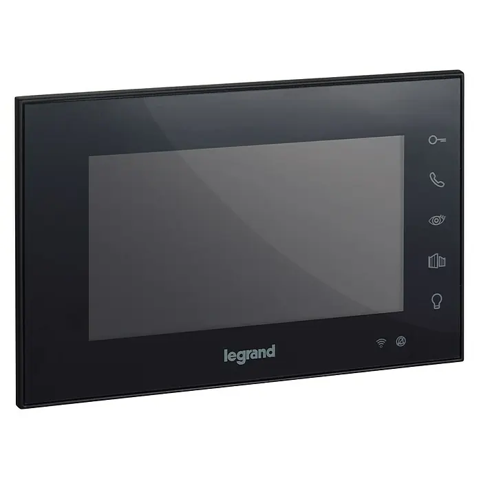 Legrand Monitor de interfono Easy Kit Connected - Negro - Imagen de un sistema de intercomunicación con pantalla táctil Legrand negro, con funciones como apertura de puerta e intercomunicador.