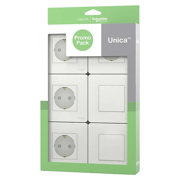 Schneider Electric New Unica Conmutador y enchufe Pack - Blanco, Satinado, Montaje en la pared, 10 A - Primer plano de un paquete promocional Unica™ de Schneider Electric con enchufes e interruptores, dentro de una caja de cartón verde claro.