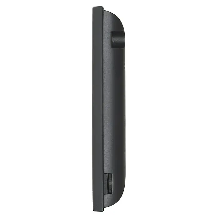 Legrand Monitor de interfono Easy Kit Connected - Negro - Primer plano del lado de un dispositivo electrónico negro, con un pequeño rodillo y un área moldeada en la parte superior.