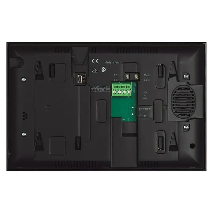 Legrand Monitor de interfono Easy Kit Connected - Negro - Vista posterior de un dispositivo electrónico negro con conexiones para alimentación, configuración maestro/esclavo y varias entradas.