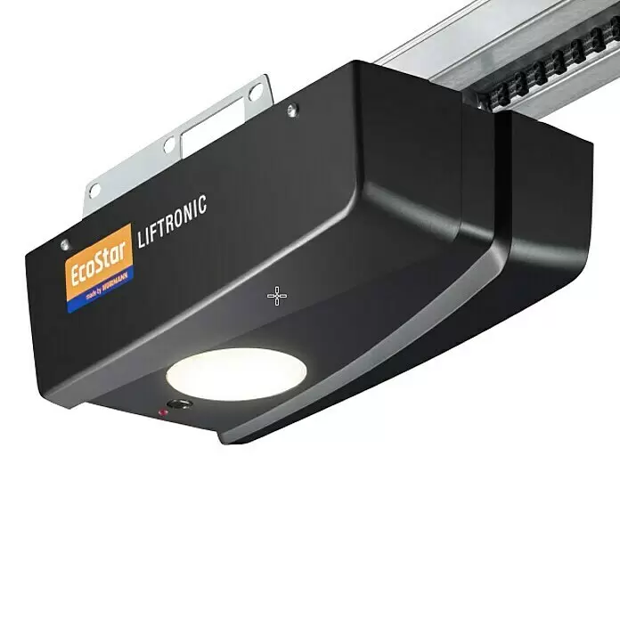 Hörmann EcoStar Mecanismo de puerta de garaje Liftronic 700 II - Superficie de puerta: 0 m² - 11,25 m², Fuerza de tracción: 700 N - Abridor de puerta de garaje EcoStar LIFTRONIC negro con luz integrada y sistema de riel visible.
