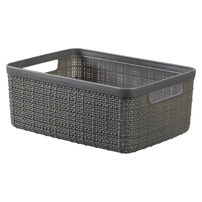 Curver Aufbewahrungsbox Jute-Optik - L x B x H: 27 x 20 x 11 cm, Kunststoff, Grau - Ein grauer, rechteckiger Korb mit geflochtenem Design und Griffen. Ideal zur Aufbewahrung und Organisation im ganzen Haus.