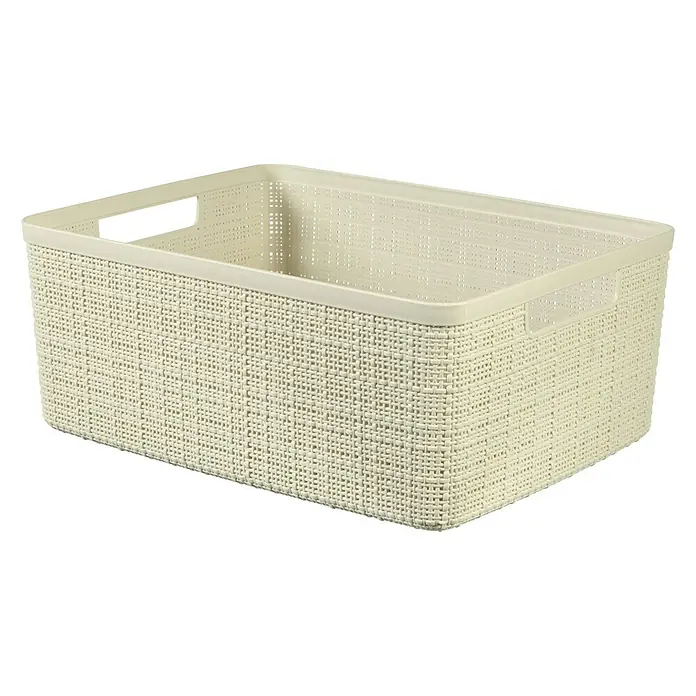 Curver Aufbewahrungsbox Jute - L x B x H: 36 x 27 x 15 cm, Kunststoff, Creme - Ein beiger Aufbewahrungskorb aus Kunststoff mit gewebter Textur und praktischen Griffen an den Seiten. Ideal für Ordnung im Haus.