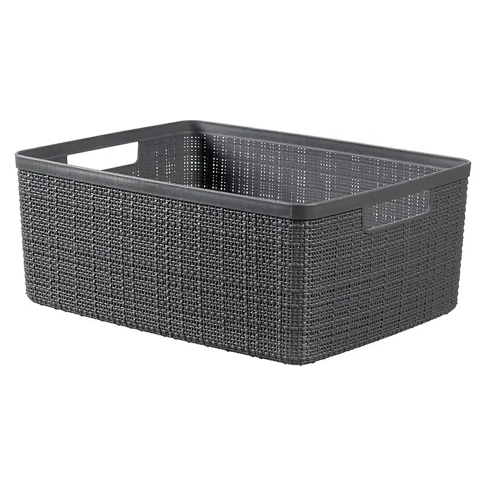 Curver Aufbewahrungsbox Jute - L x B x H: 36 x 27 x 15 cm, Kunststoff, Anthrazit - Ein rechteckiger, grauer Korb aus Kunststoff mit gewebter Textur und integrierten Griffen, ideal für die Aufbewahrung im Haushalt.