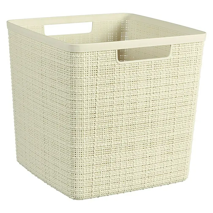 Curver Aufbewahrungsbox Jute - L x B x H: 28 x 28 x 27 cm, Kunststoff, Creme - Aufbewahrungskorb in cremefarbenem Kunststoffgeflecht mit quadratischer Form und Griffen zum einfachen Tragen für Zuhause und Büro.
