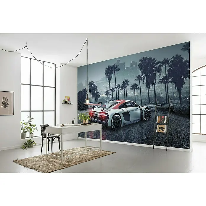 Komar Fototapete Audi R8 L.A. - 8 -tlg., B x H: 368 x 254 cm, Papier - Das moderne Büro mit der stylischen Wandtapete mit einem Audi R8 Sportwagen und einer weißen Arbeitsfläche wirkt einladend.