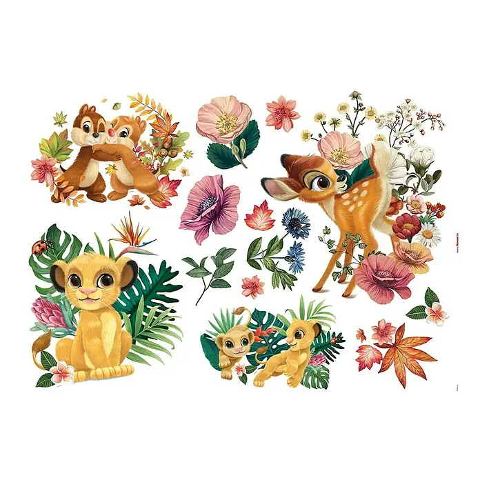 Komar Dekosticker Be in Nature - B x H: 100 x 70 cm - Wandtattoo mit Disney-Motiven, darunter Chip und Chap, Bambi und Simba, umgeben von Blumen und Blättern für eine fröhliche Dekoration.