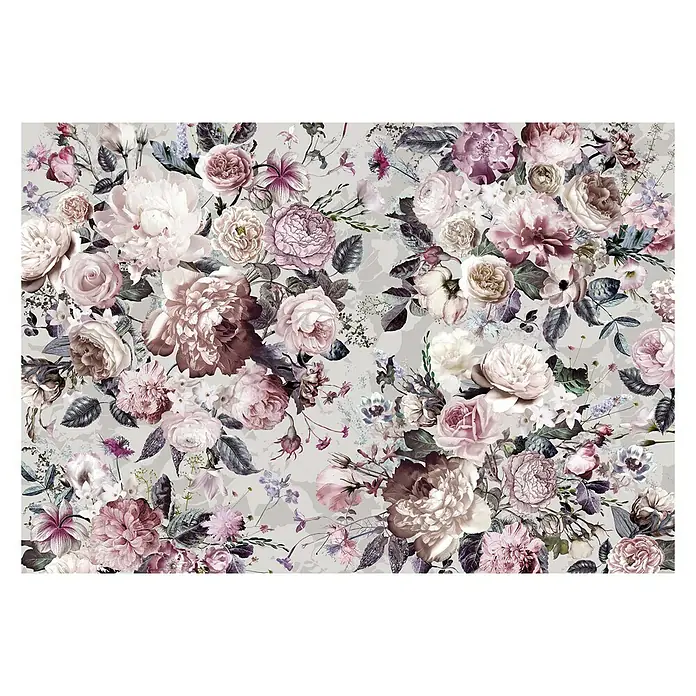 Komar Fototapete Blossoms - 7 -tlg., B x H: 350 x 250 cm, Vlies - Elegantes florales Muster mit zarten Rosen und Pfingstrosen in sanften Rosa- und Lilatönen. Perfekt für stilvolle Wandgestaltung und Dekorationen.