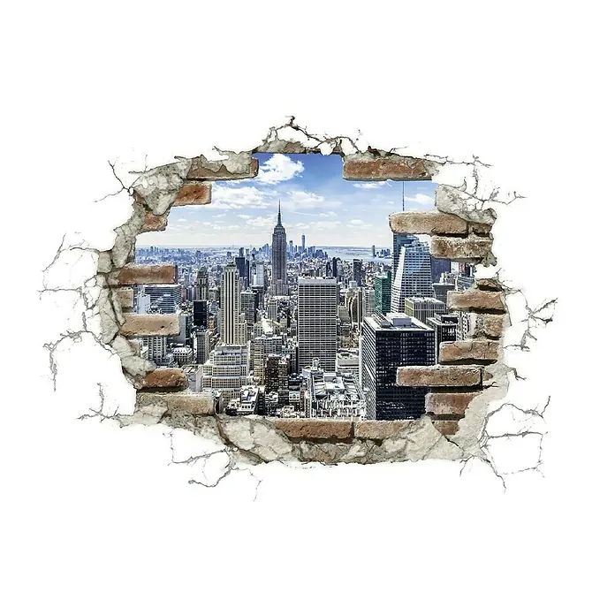 Komar Dekosticker Break Out NYC - 1 -tlg., 100 mm x 70 cm - Wandaufkleber mit New York Skyline, durch eine zerstörte Backsteinmauer gesehen, verleiht jedem Raum eine urbane Atmosphäre und einen modernen Touch.