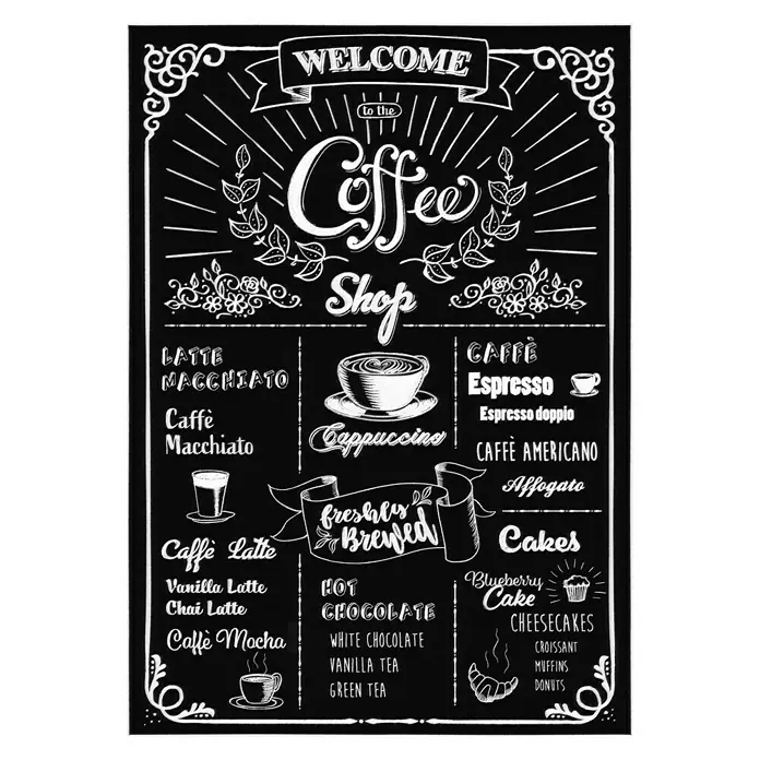 Komar Dekosticker Coffeeshop - 1 -tlg., 70 x 50 cm - Illustration einer Kreidetafel mit einem handgezeichneten Menü für ein Café, inklusive verschiedener Kaffee- und Kuchensorten.