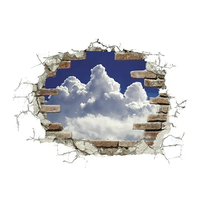 Komar Dekosticker Break Out Clouds - B x H: 100 x 70 cm - Wanddurchbruch-Aufkleber mit Ziegelsteinen und Wolken. Dieser Wandaufkleber erzeugt die Illusion eines Durchbruchs mit Blick auf den Himmel.