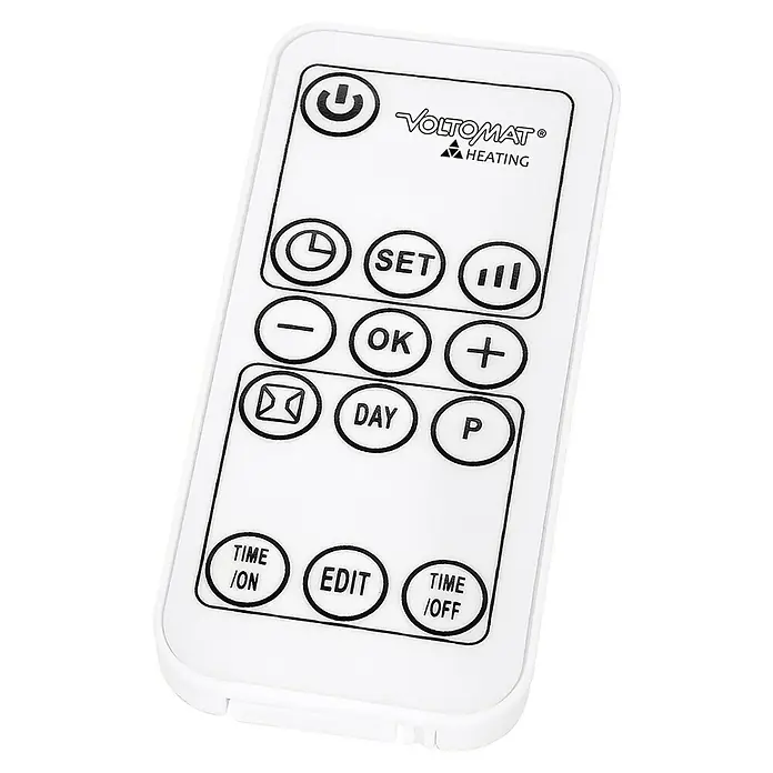 Voltomat HEATING Calefactor de aire - 1.000 W - 2.000 W, Blanco/Negro, IP22 - Primer plano de un mando a distancia de calefacción Voltomat blanco con varios botones para controlar la configuración de calefacción.