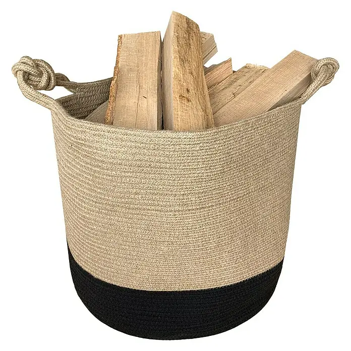 Lienbacher Cesta para leña - Ø x Al: 38 x 42 cm, Algodón de yute - Cesto de cuerda lleno de leña. El cesto tiene una base negra y asas de cuerda. Perfecto para guardar la leña en interiores.