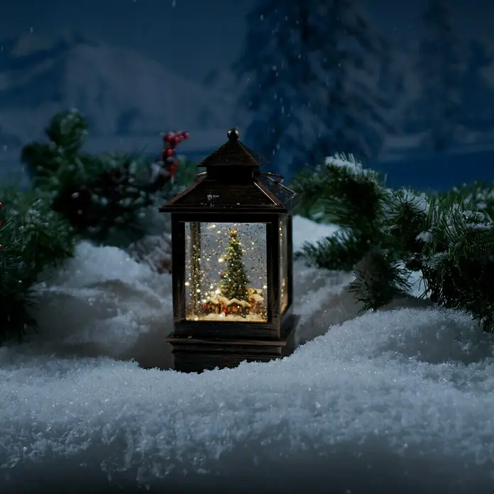 Konstsmide LED-Schneelaterne Weihnachtsmarkt - Innen, Braun, 10,5 x 10,5 x 22 cm, Batteriebetrieben - Weihnachtliche Schneekugel-Laterne mit Tannenbaum und Häusern, umgeben von Schnee und Tannenzweigen, für festliche Dekoration.