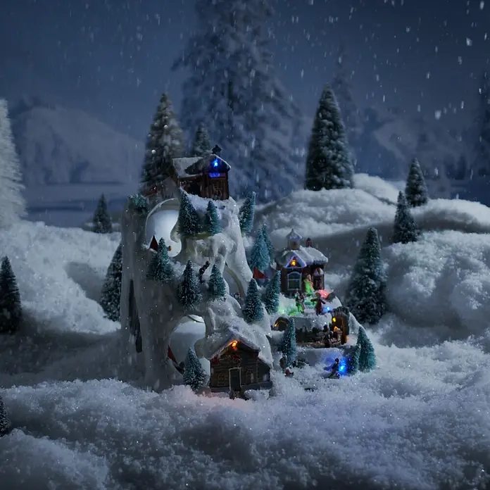 Konstsmide LED-Szenerie Skipiste - L x B x H: 31 x 20,5 x 27,5 cm, Bunt, Batteriebetrieben, LED - Winterliches Miniaturdorf: Festliche Szene mit beleuchteten Häusern, schneebedeckten Bäumen und einer romantischen Winterlandschaft.