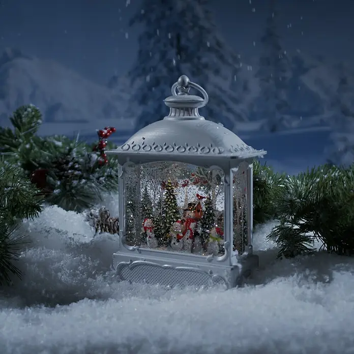 Konstsmide LED-Weihnachtsdekoleuchte - 8,6 x 18 x 30 cm, Weiß, Batteriebetrieben, LED - Festliche Schneekugel Laterne mit Winterdorf-Szene.
