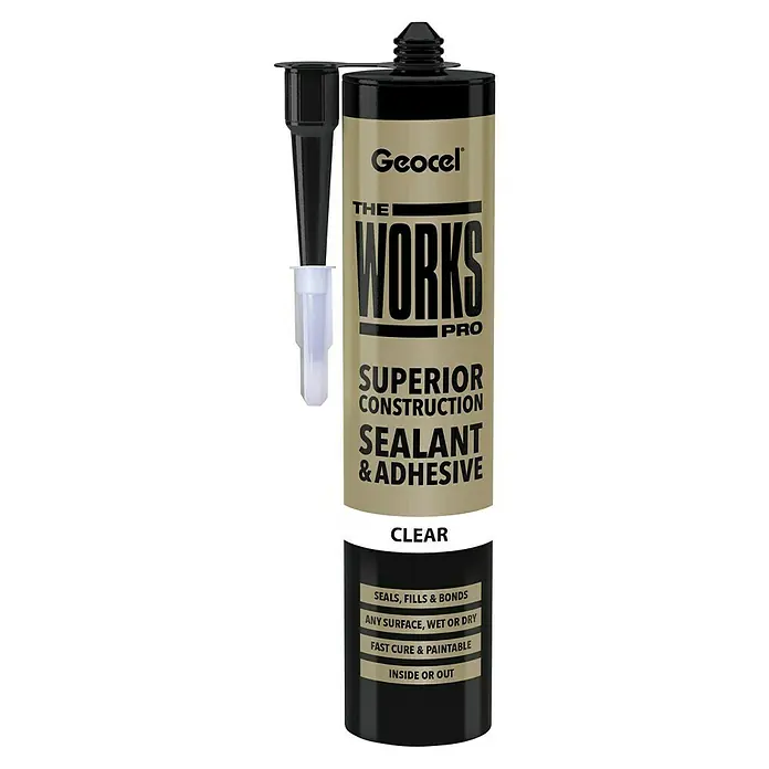 BHS Málaga Silicona Geocel - 290 ml, Translúcido - Una imagen de un tubo de sellador y adhesivo de construcción Geocel "The Works Pro", transparente, uso interior o exterior.