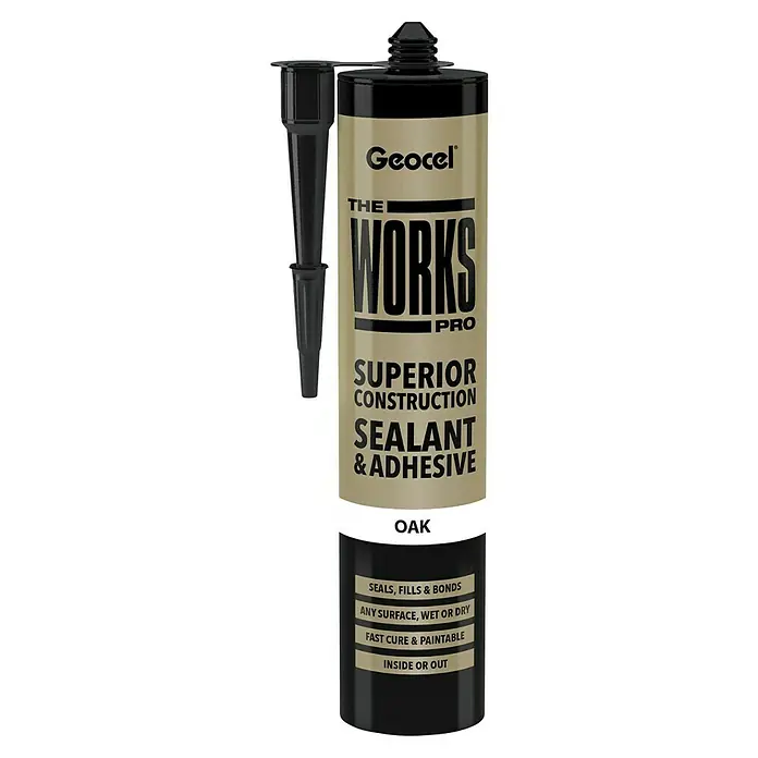 BHS Málaga Silicona Geocel - 290 ml, Roble - Sellador y adhesivo de construcción Geocel The Works Pro, Roble: Sella, rellena y une cualquier superficie, húmeda o seca.