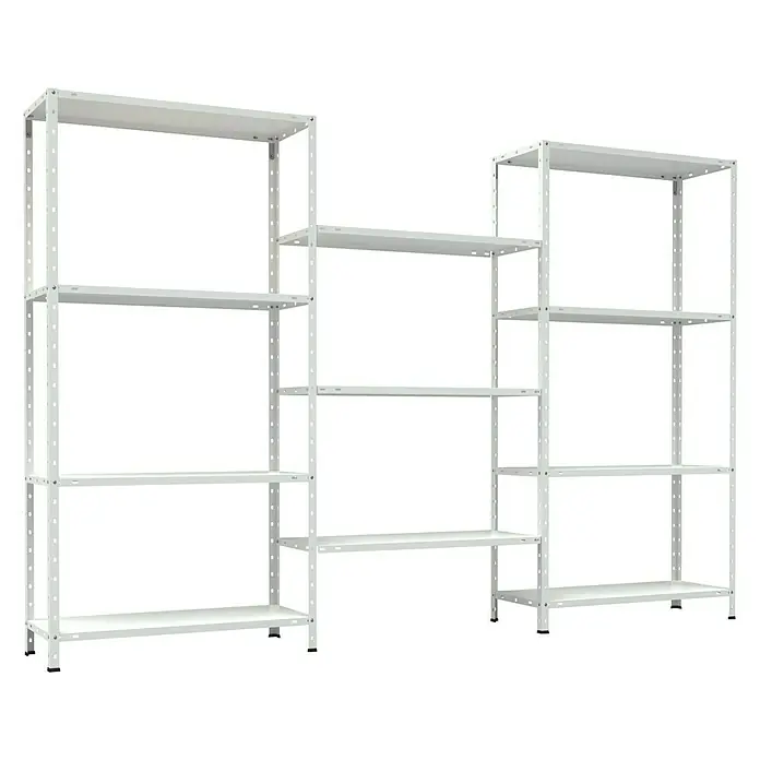 TKT Metallregal Home System - H x B x T: 150 x 225 x 30 cm, Traglast pro Boden: 30 kg, Anzahl Böden: 11 Stk., Schrauben, Weiß - Abbildung eines modularen weißen Metallregalsystems mit mehreren Ebenen und Regalböden für Lagerung und Organisation.