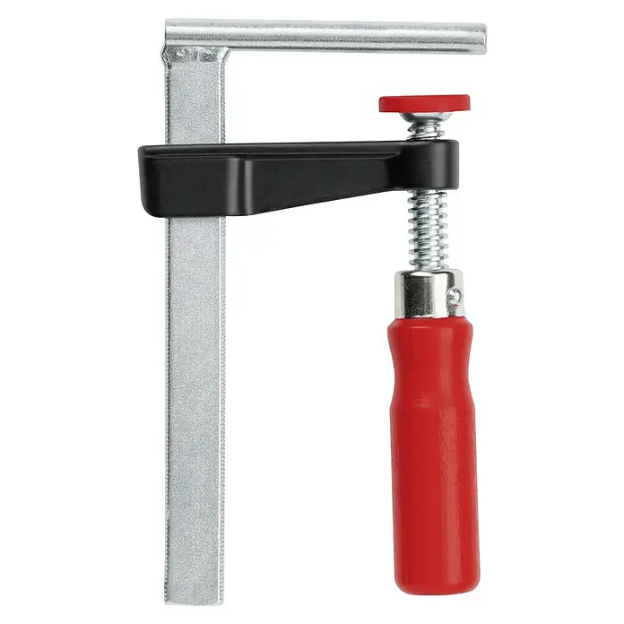 Bessey Tischklemme LM10/5R8 - Spannweite: 100 mm - Eine Detailaufnahme einer Schraubzwinge mit rotem Griff, die Vielseitigkeit und sicheren Halt bei verschiedenen Projekten bietet.