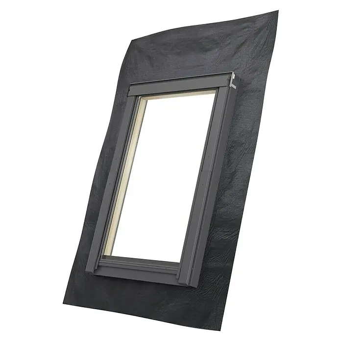 Unterspannbahn RUC - 66 x 118 cm - Das Bild zeigt ein Dachfenster mit grauen Rahmen, das in eine schwarze Dachabdeckung eingebaut ist und für natürliches Licht sorgt.