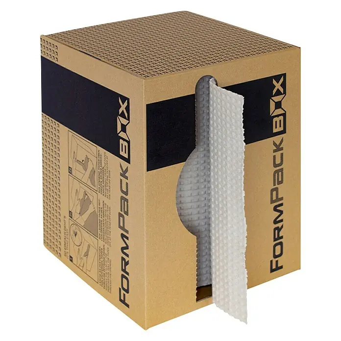 Luftpolsterpappe Formpack - 55 m - Karton Formpack Box mit Polstermaterial. Optimale Polsterung für einen sicheren Transport empfindlicher Gegenstände in einer praktischen Box.