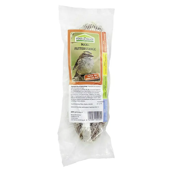 Vogelglück Wildvogelfutter Maxi-Futterstange - 600 g - Abgebildet ist eine Vogelglück Maxi-Futterstange im durchsichtigen Beutel, ein energiereiches Futter für Wildvögel, ideal für die ganzjährige Fütterung.