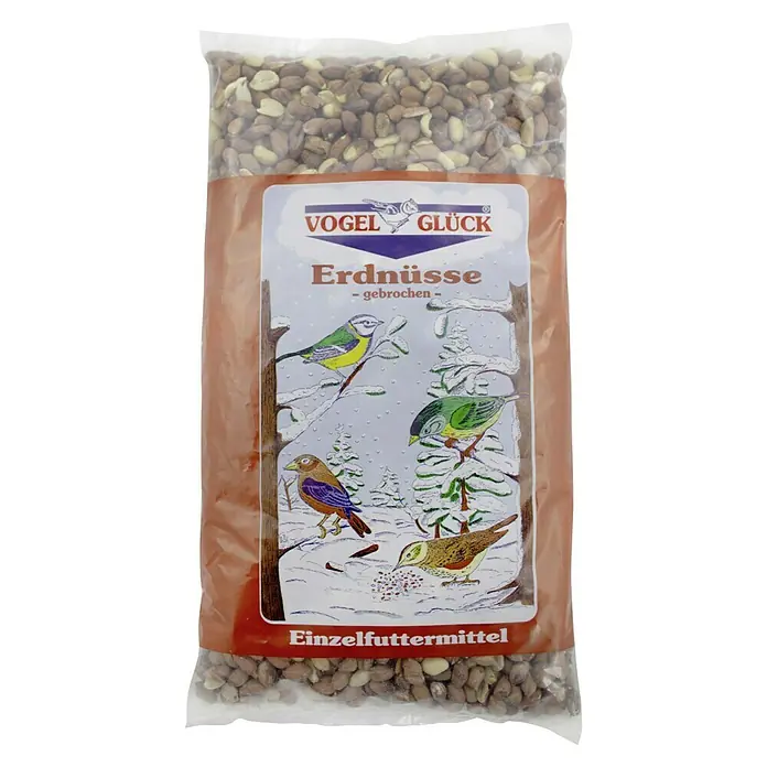 Vogelglück Wildvogelfutter Erdnüsse - 1 kg - Eine Tüte Vogelfutter "Erdnüsse - gebrochen" von Vogel Glück, voll mit Erdnüssen für Wildvögel im Winter.