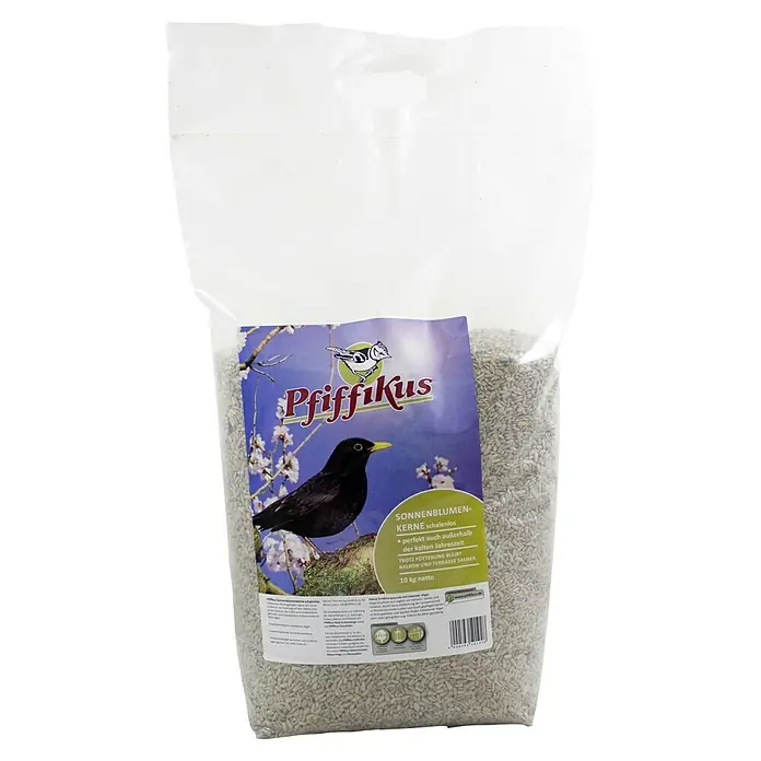 Pfiffikus Wildvogelfutter - 10 kg, Geschält - Abbildung einer Tüte "Pfiffikus Sonnenblumenkerne schalenlos" mit einem Bild eines Vogels. Perfekt für die Winterfütterung.