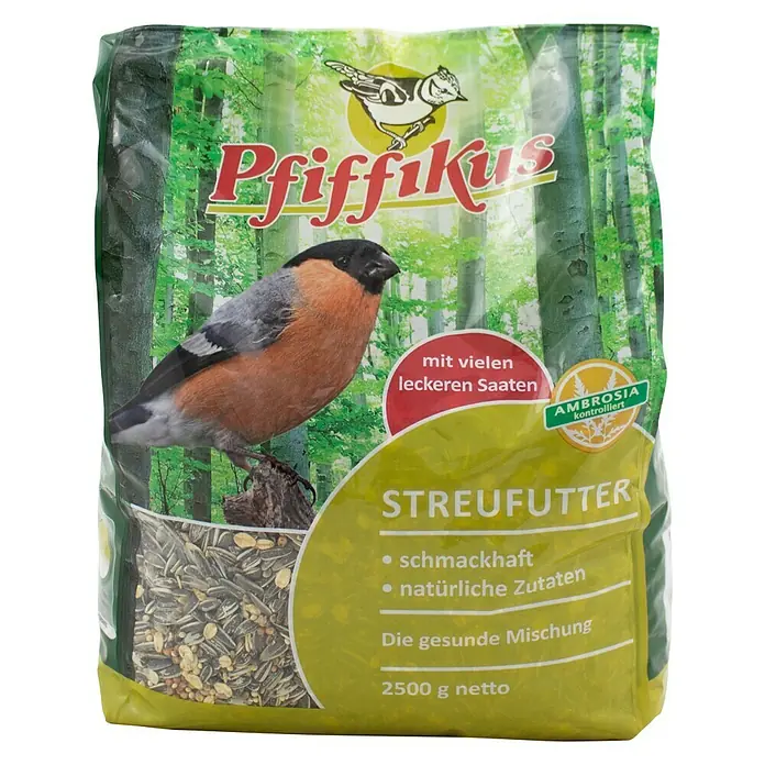Pfiffikus Wildvogelfutter Streufutter - 2,5 kg - Eine Packung Pfiffikus Streufutter mit einem Bild eines Gimpels und der Aufschrift "mit vielen leckeren Saaten".