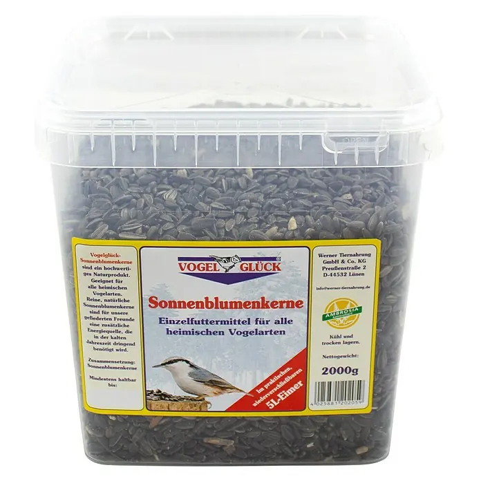 Vogelglück Wildvogelfutter - 2 kg - Ein Eimer Vogelfutter "Vogel Glück Sonnenblumenkerne", ein hochwertiges Naturprodukt für alle heimischen Vogelarten im wiederverschließbaren 5L-Eimer.