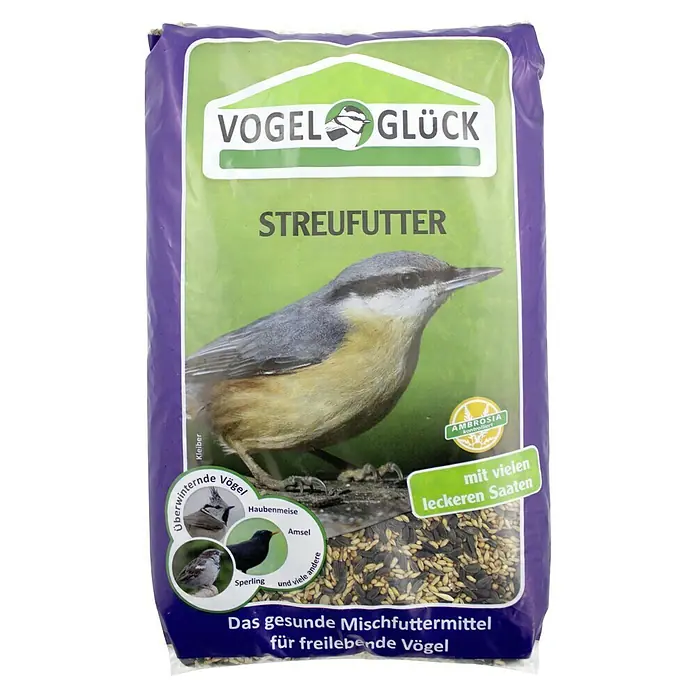 Vogelglück Wildvogelfutter Streufutter - 1 kg - Eine Packung Vogelfutter der Marke "Vogel Glück" mit der Aufschrift "Streufutter" und einem Bild eines Kleibers.