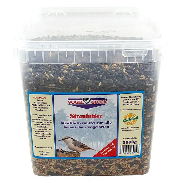 Vogelglück Wildvogelfutter Streufutter - 3 kg - Ein Eimer Vogelfutter "Vogelglück Streufutter", eine hochwertige Mischung für heimische Vogelarten, mit 3000g Nettogewicht.