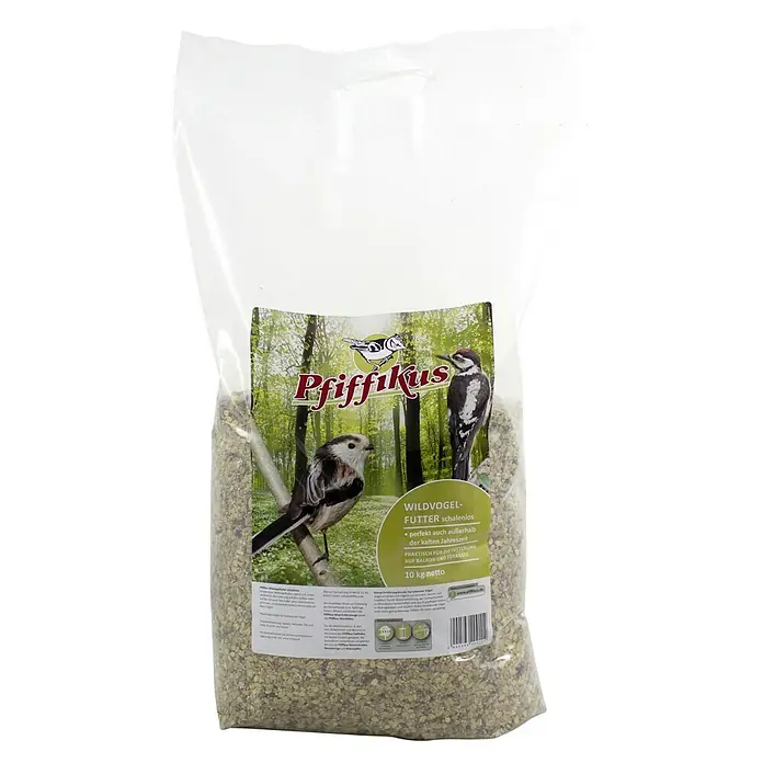 Pfiffikus Wildvogelfutter - 10 kg - Bild einer Packung Pfiffikus Wildvogelfutter schalenlos mit dem Gewicht 10kg.