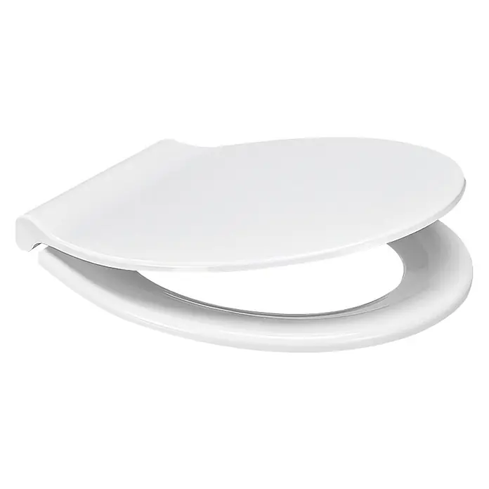 Camargue WC-Sitz Metz - Duroplast, Weiß, Mit Absenkautomatik - Nahaufnahme eines weißen Toilettensitzes mit Deckel, der auf einem schwarzen Hintergrund steht und ein sauberes, minimalistisches Design zeigt.