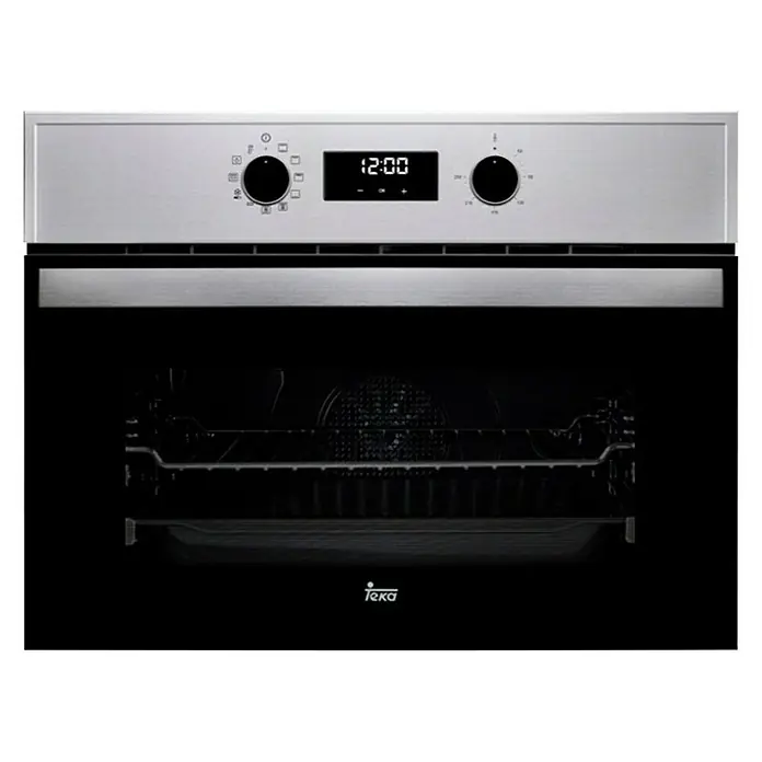 Teka Horno empotrado compacto y pirolítico HBC 625 P - Número de tipos de calentamiento: 8 ud., Volumen horno: 44 l - Aquí hay un horno empotrable Teka plateado con puerta de vidrio negro y pantalla digital.