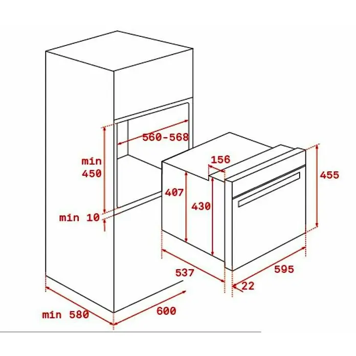 Teka Horno empotrado compacto y pirolítico HBC 625 P - Número de tipos de calentamiento: 8 ud., Volumen horno: 44 l - Dibujo esquemático de un horno empotrable con dimensiones para la instalación en un mueble de cocina.