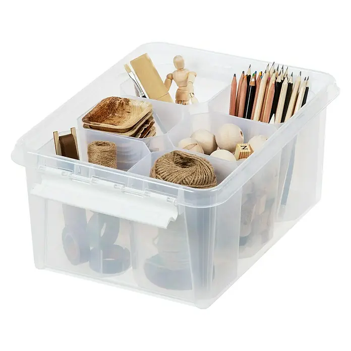 SmartStore Einsatz - L x B x H: 12 x 13 x 15 cm - Aufbewahrungsbox aus durchsichtigem Kunststoff mit verschiedenen Bastelmaterialien gefüllt, ideal zur Organisation von Hobbybedarf.