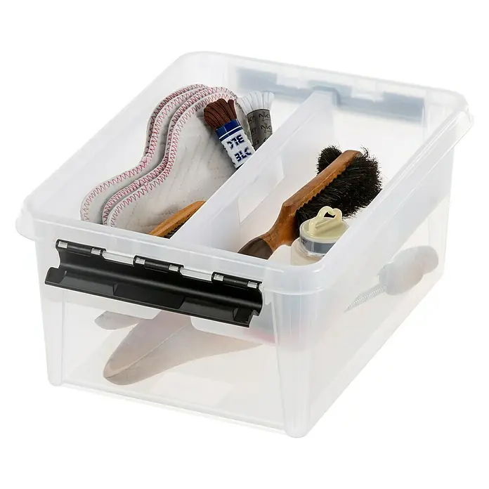 SmartStore Einsatz - L x B x H: 38 x 29 x 10 cm - Klarsichtbox mit Schuhpflege-Zubehör wie Bürsten, Putzlappen und Schnürsenkeln, ideal für die Aufbewahrung und Organisation.