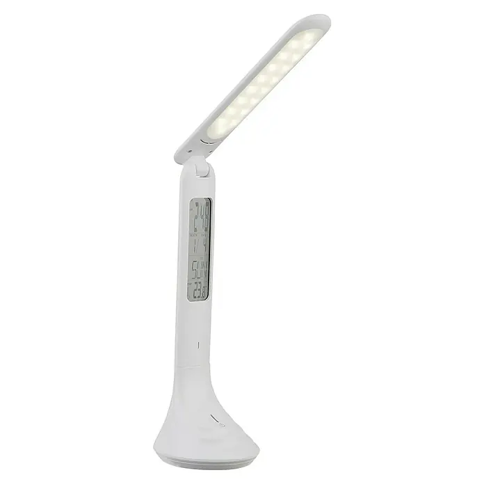 Globo LED-Tischleuchte - 4 W, L x B x H: 20 x 9 x 42,5 cm, Weiß, Neutralweiß - Eine weiße LED-Schreibtischlampe mit einem Display, das Uhrzeit, Datum und Temperatur anzeigt. Ideal für den Schreibtisch zu Hause oder im Büro.