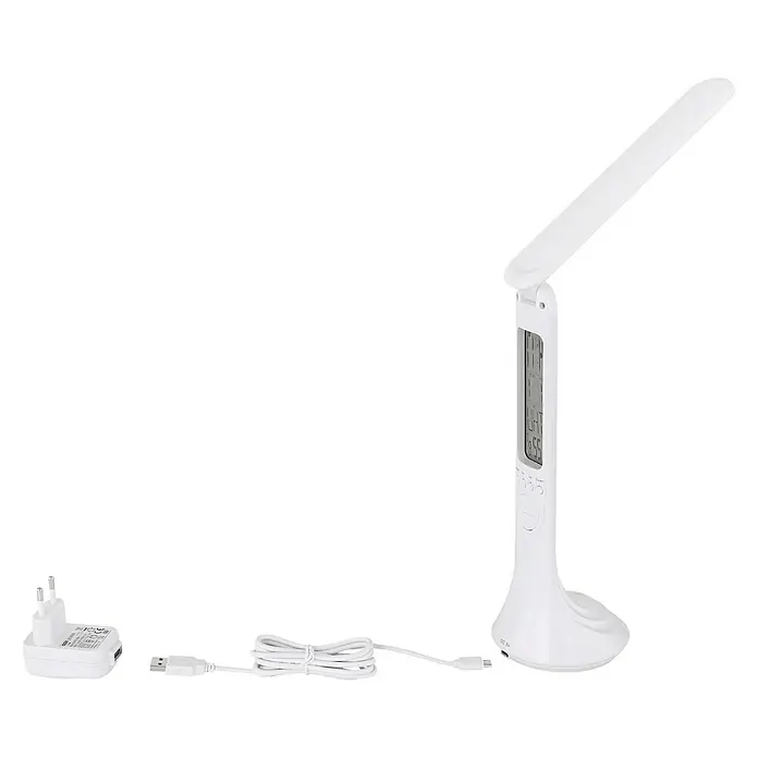 Globo LED-Tischleuchte - 4 W, L x B x H: 20 x 9 x 42,5 cm, Weiß, Neutralweiß - Weisse LED-Schreibtischlampe mit digitaler Anzeige, inklusive Netzteil und USB-Kabel, ideal für den Schreibtisch.