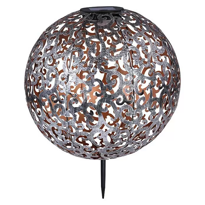 Globo Lámpara decorativa solar - Plateado, IP44, Ø x Al: 28,5 x 40 cm - Luz solar esférica para jardín con diseño de metal plateado ornamentado, interior marrón y estaca negra, con panel solar.