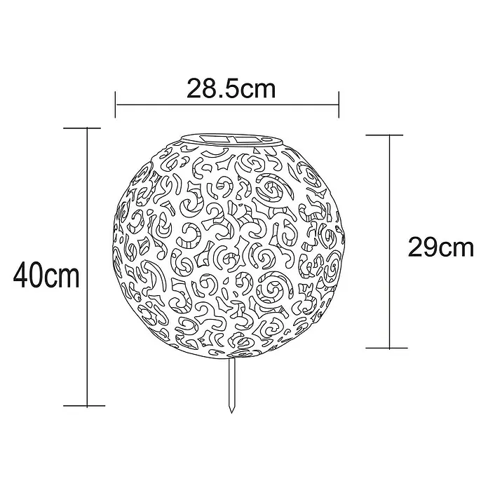 Globo Solar-Dekoleuchte - Rostfarben, Ø x H: 28,5 x 40 cm, LED - Produktabbildung mit den Maßen: Höhe 40 cm, Durchmesser 28,5 cm und Höhe des Balles 29 cm.